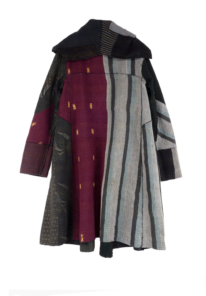 FRAYED PATCH MIX KANTHA A-LINE COAT - fm4309-blk -