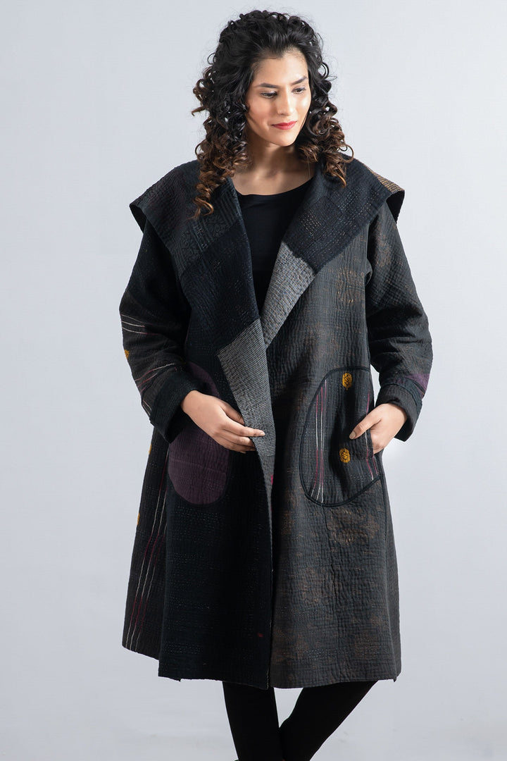 FRAYED PATCH MIX KANTHA A-LINE COAT - fm4309-blk -