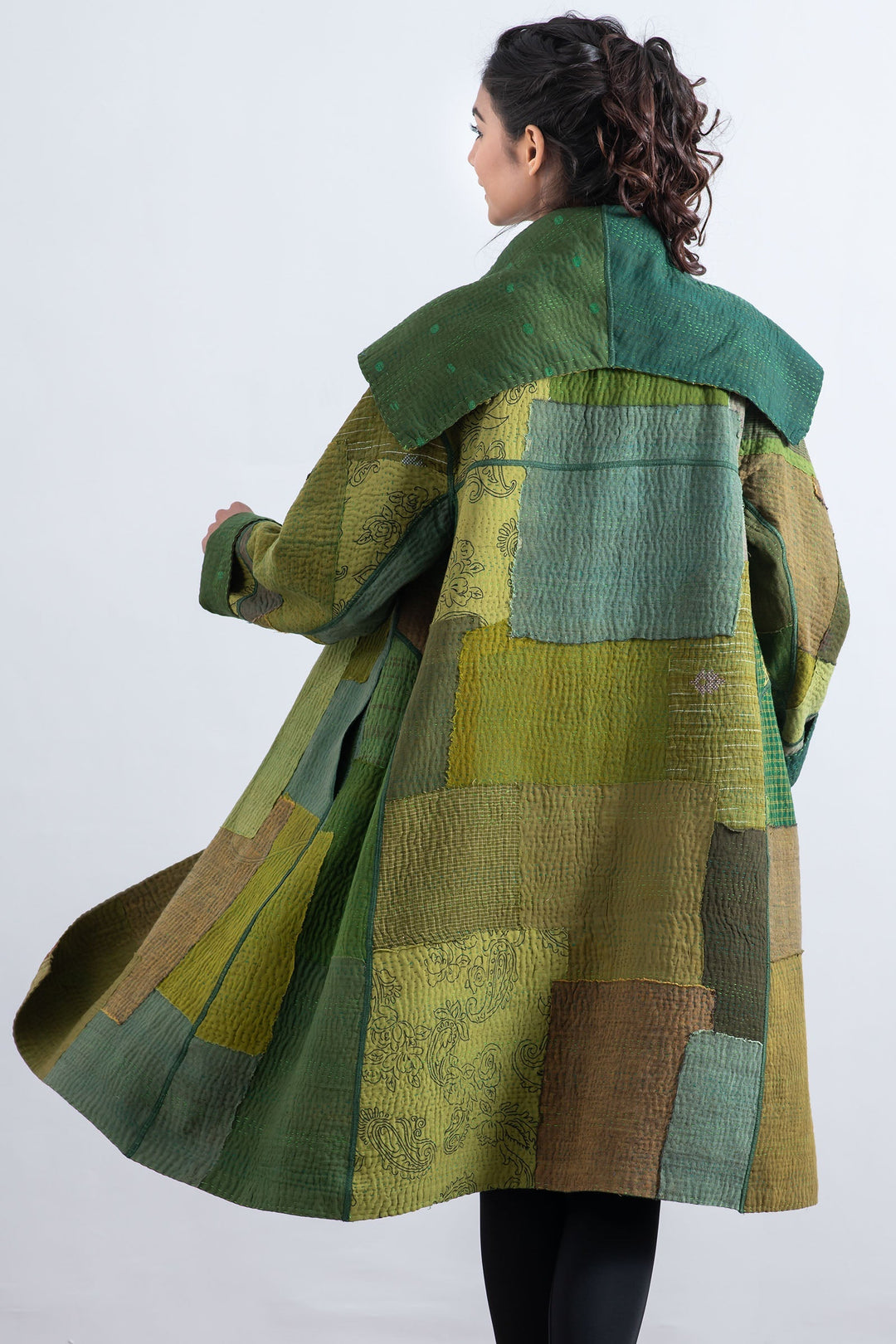 FRAYED PATCH MIX KANTHA A-LINE COAT - fm4309-grn -