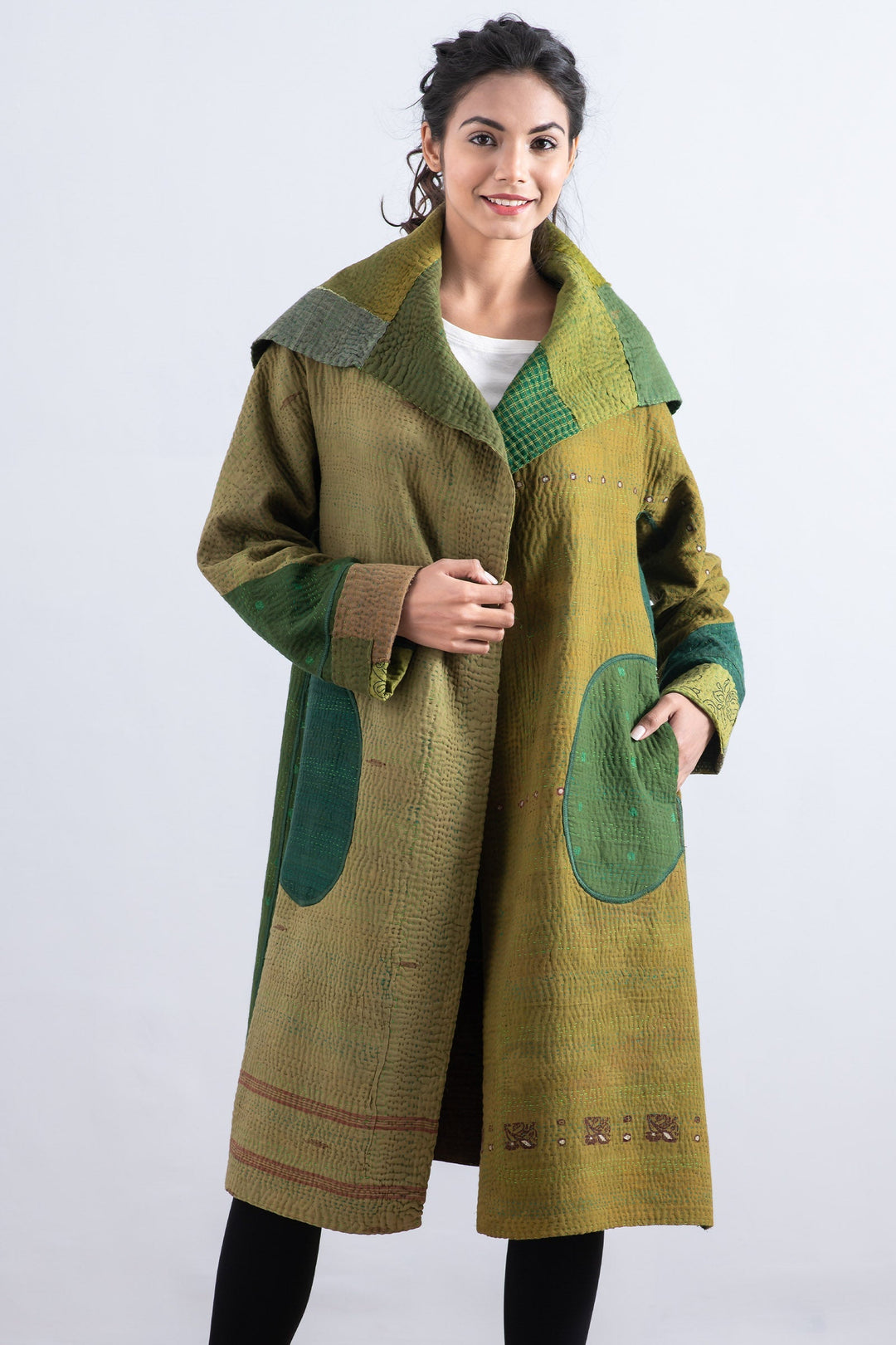 FRAYED PATCH MIX KANTHA A-LINE COAT - fm4309-grn -