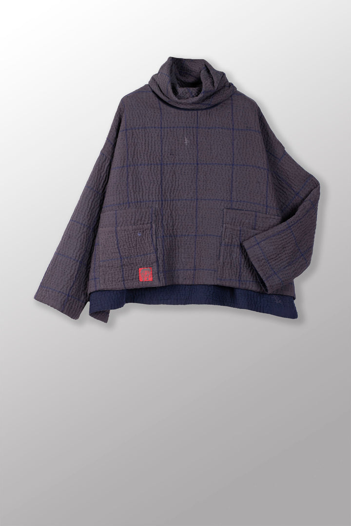QUILTED VINTAGE COTTON WITH FLANNEL KANTHA NEW COWL NECK PONCHO - fq5083-blu -