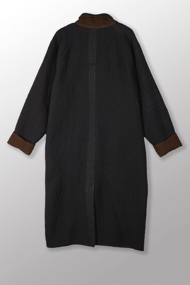 QUILTED VINTAGE COTTON WITH FLANNEL KANTHA RAGLAN SLEEVE COAT - fq5337-blk -