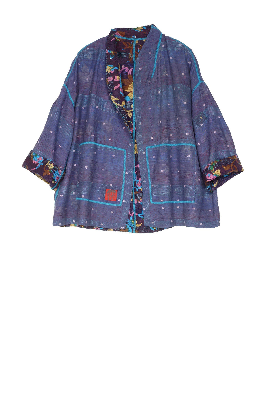 FLORAL SILK PRINT KANTHA GUMP'S STAND COLLAR CROPPED JKT - fs2039-nvy -