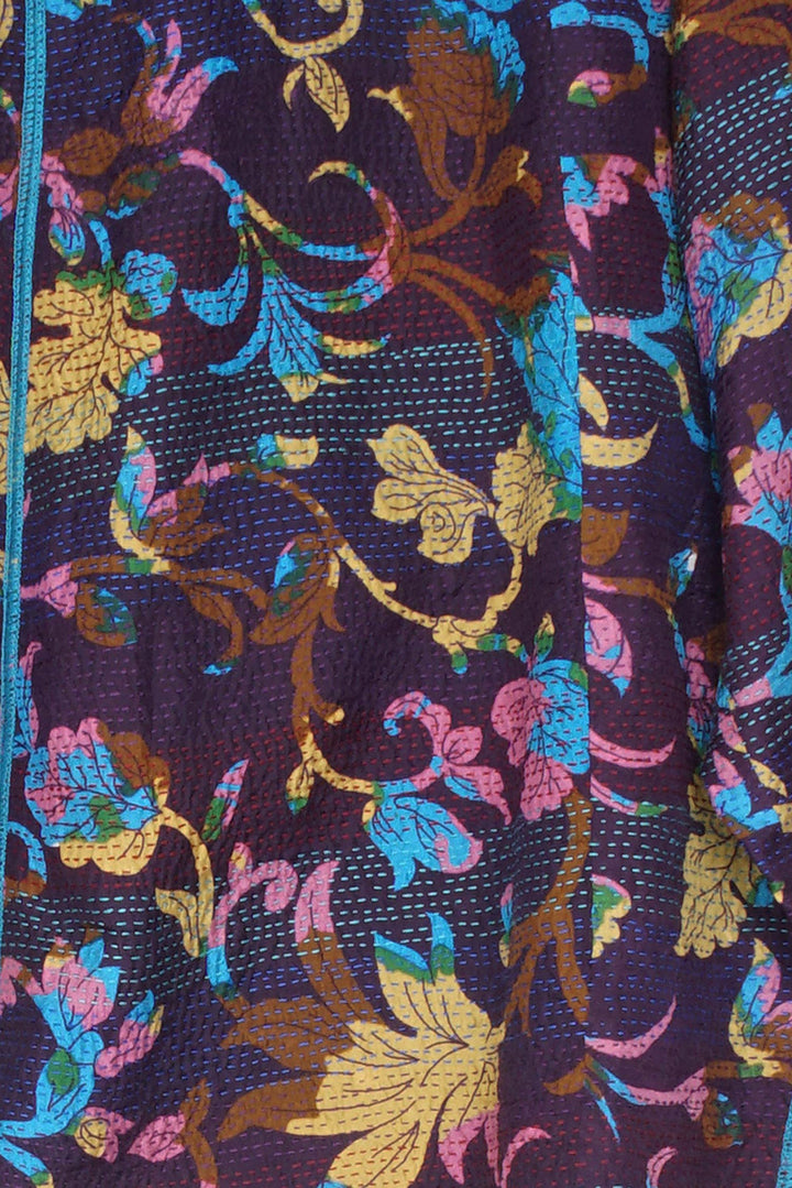 FLORAL SILK PRINT KANTHA GUMP'S STAND COLLAR CROPPED JKT - fs2039-nvy -