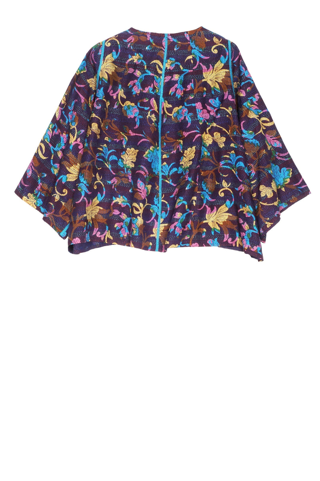 FLORAL SILK PRINT KANTHA BELL SHAPE JACKET - fs2048-nvy -