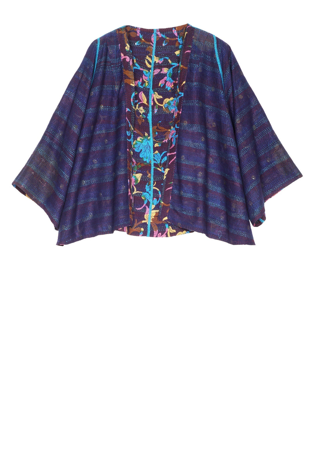 FLORAL SILK PRINT KANTHA BELL SHAPE JACKET - fs2048-nvy -