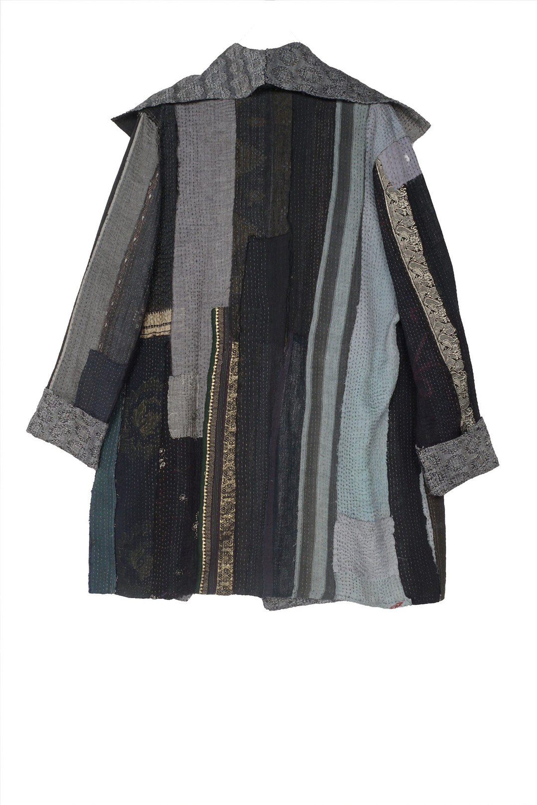 STRIPE FRAYED & HANDWOVEN KANTHA POCKET JKT - ft2002-blk -