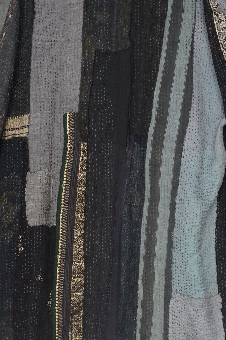 STRIPE FRAYED & HANDWOVEN KANTHA POCKET JKT - ft2002-blk -