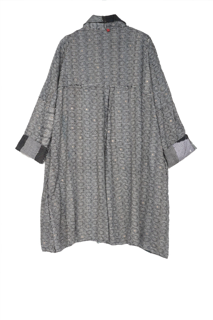 STRIPE FRAYED & HANDWOVEN KANTHA A-LINE DUSTER - ft2311-blk -