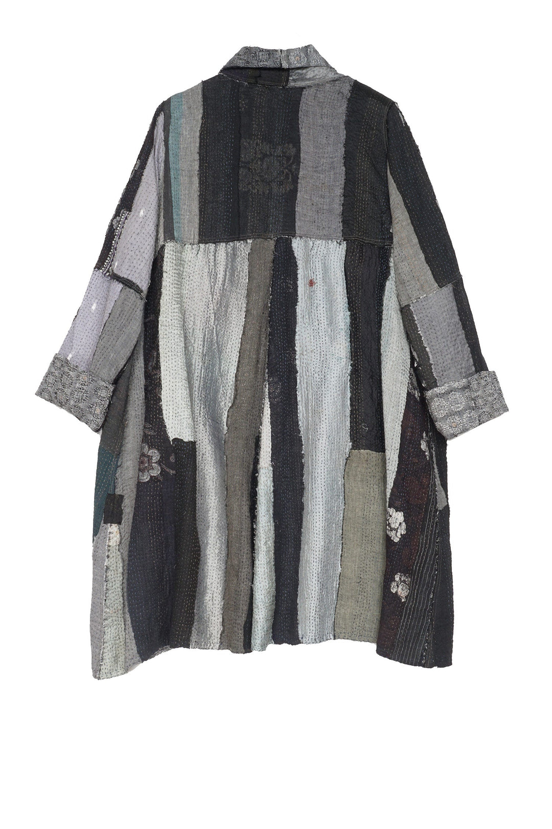 STRIPE FRAYED & HANDWOVEN KANTHA A-LINE DUSTER - ft2311-blk -