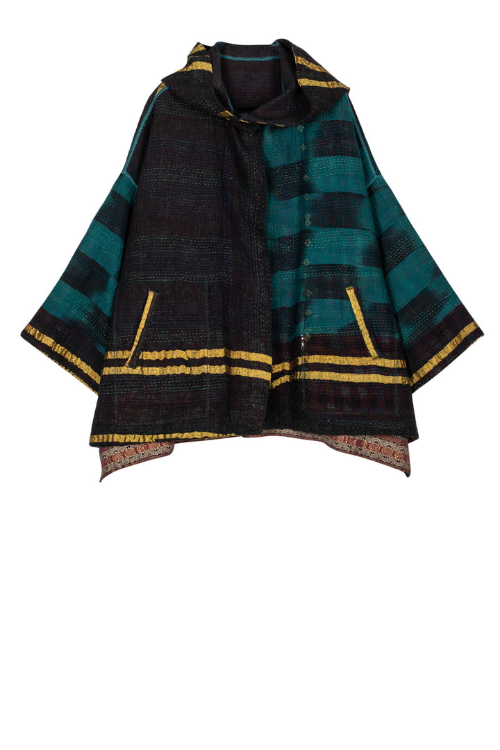 WOVEN VINTAGE COTTON KANTHA HOODIE PONCHO - fw4064-5001a -