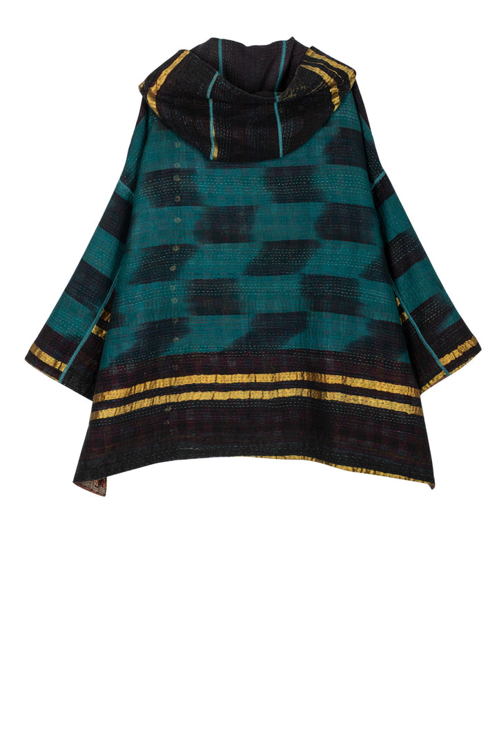 WOVEN VINTAGE COTTON KANTHA HOODIE PONCHO - fw4064-5001a -