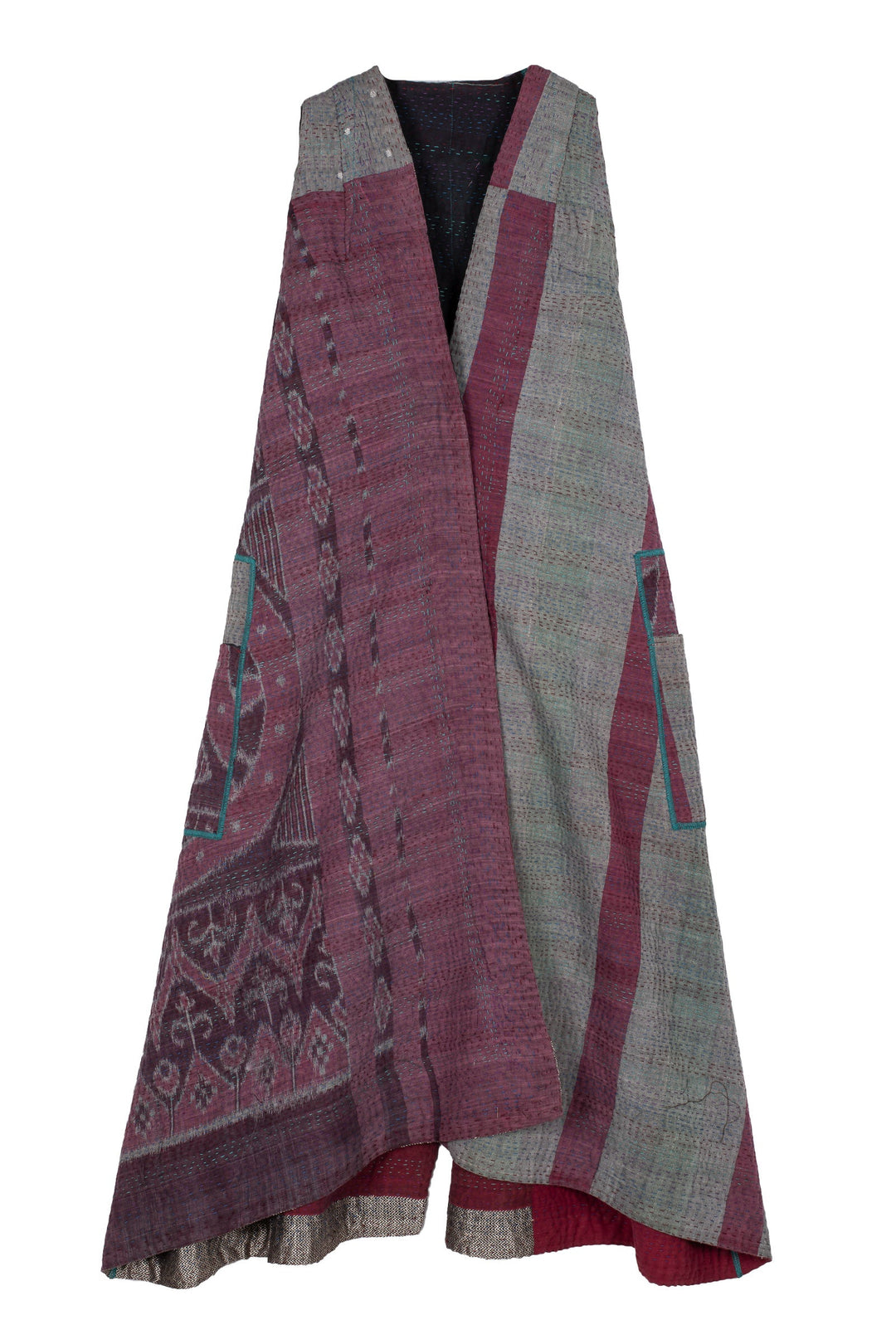 WOVEN VINTAGE COTTON KANTHA BACK PLEATED VEST MAXI - fw4222-5001a -