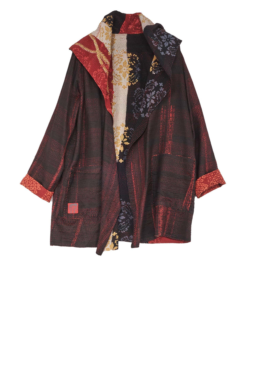 KIMONO PRINT KANTHA POCKET JKT - kp2002-red -