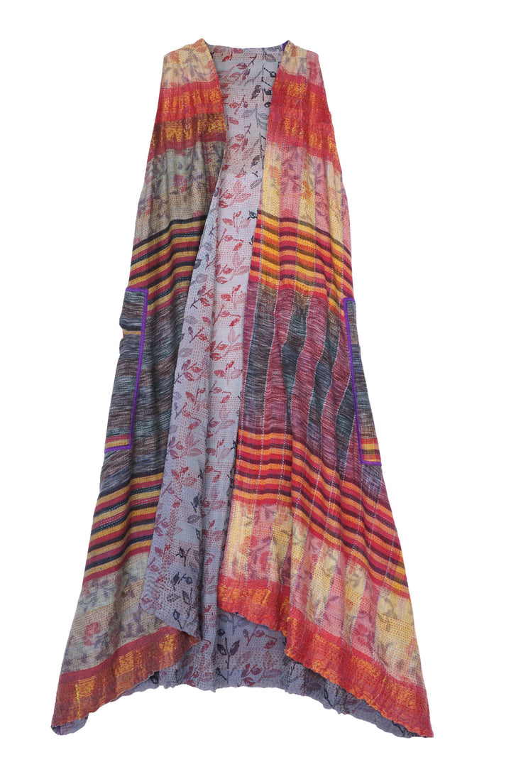VINTAGE SILK GEORGETTE COTTON KANTHA BACK PLEATED VEST MAXI - gc2222-9001a -