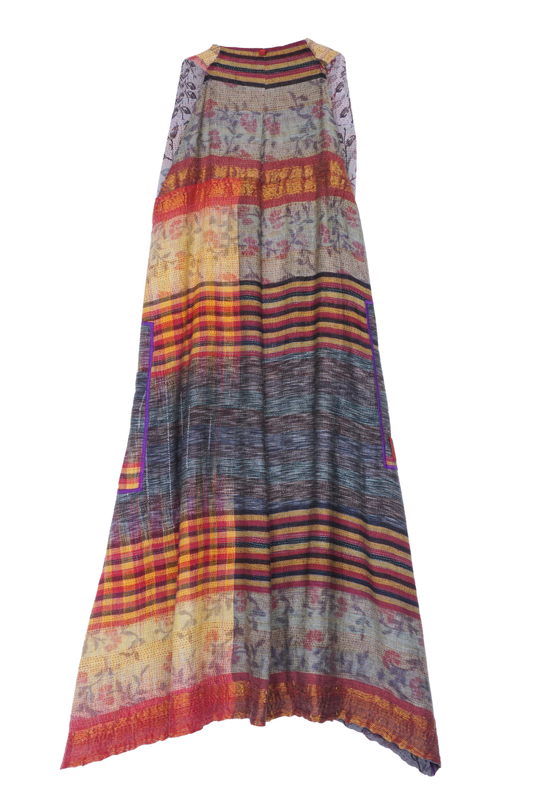 VINTAGE SILK GEORGETTE COTTON KANTHA BACK PLEATED VEST MAXI - gc2222-9001a -