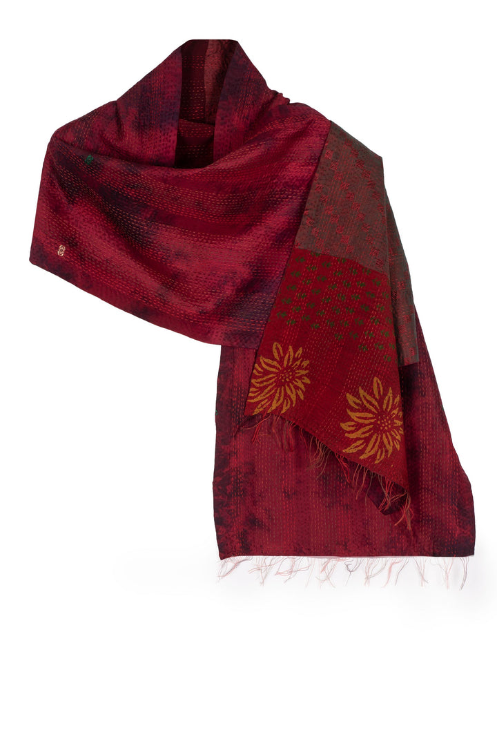 GEORGETTE JACQUARD VINTAGE SILK PATCH KANTHA SCARF SHORT - gj2805-red -