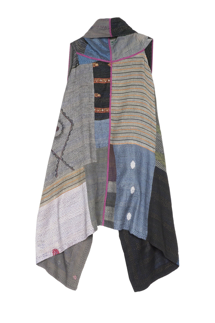HAND PAINTED RALLI KANTHA SHAWL VEST - gp2219-gry -