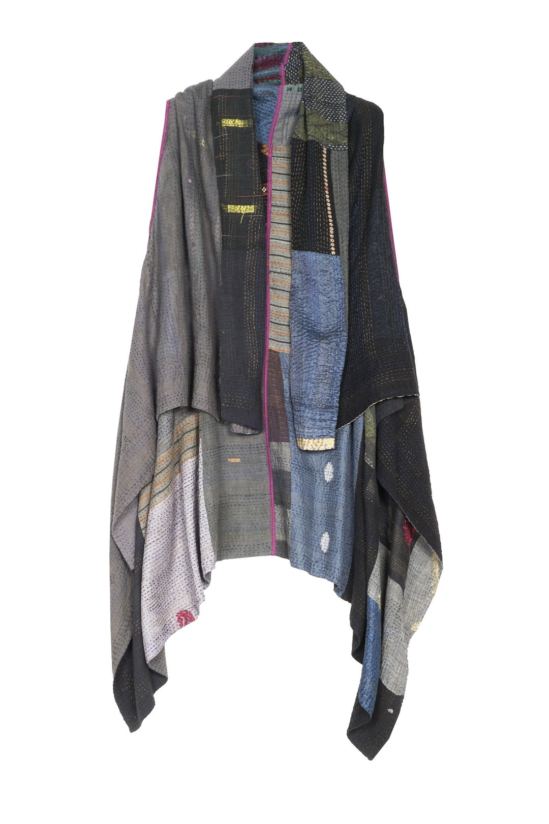 HAND PAINTED RALLI KANTHA SHAWL VEST - gp2219-gry -