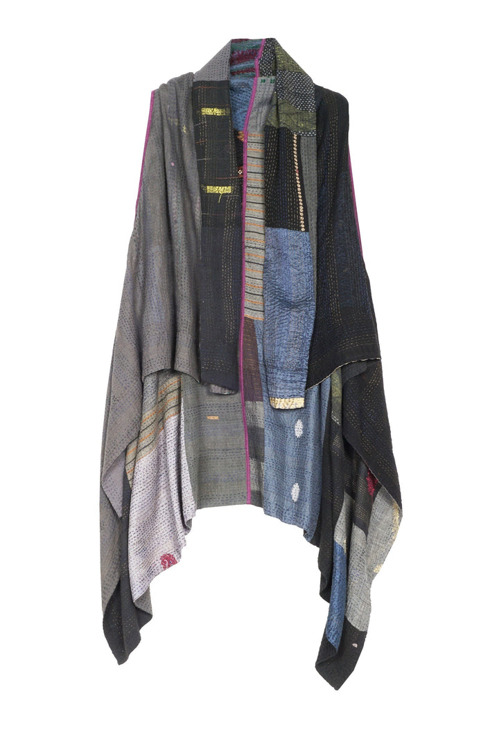 HAND PAINTED RALLI KANTHA SHAWL VEST - gp2219-gry -