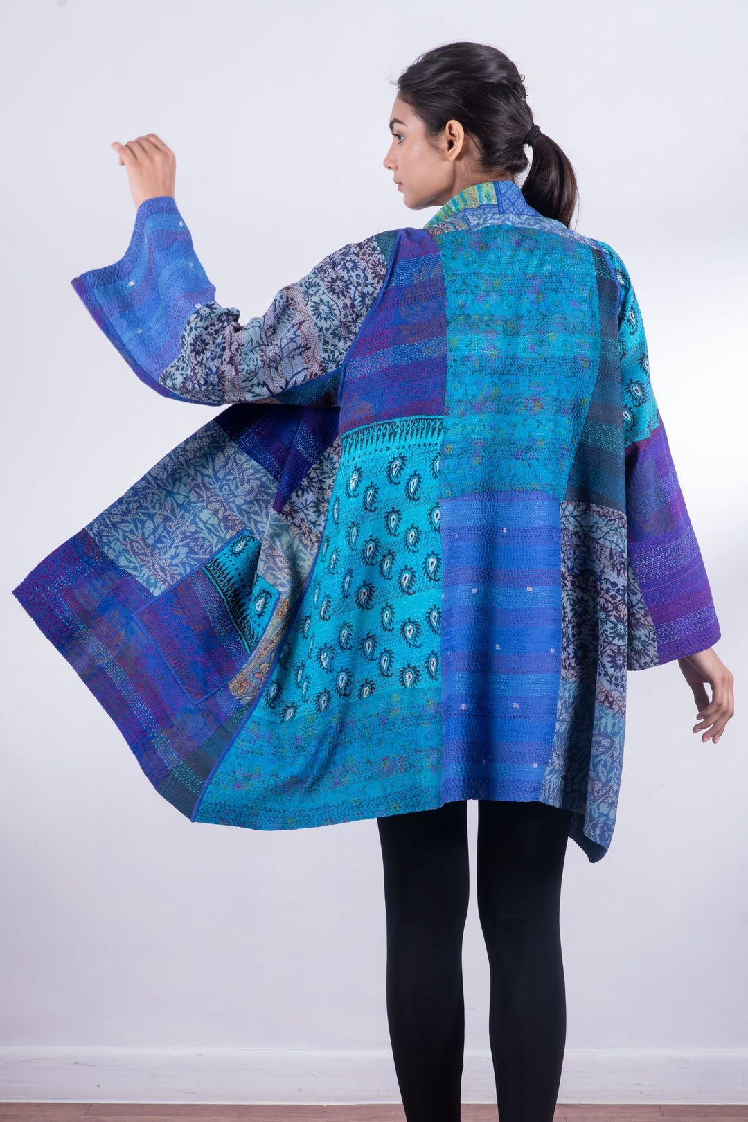 GEORGETTE VINTAGE SILK PATCH KANTHA A-LINE JKT - gs2003-blu -