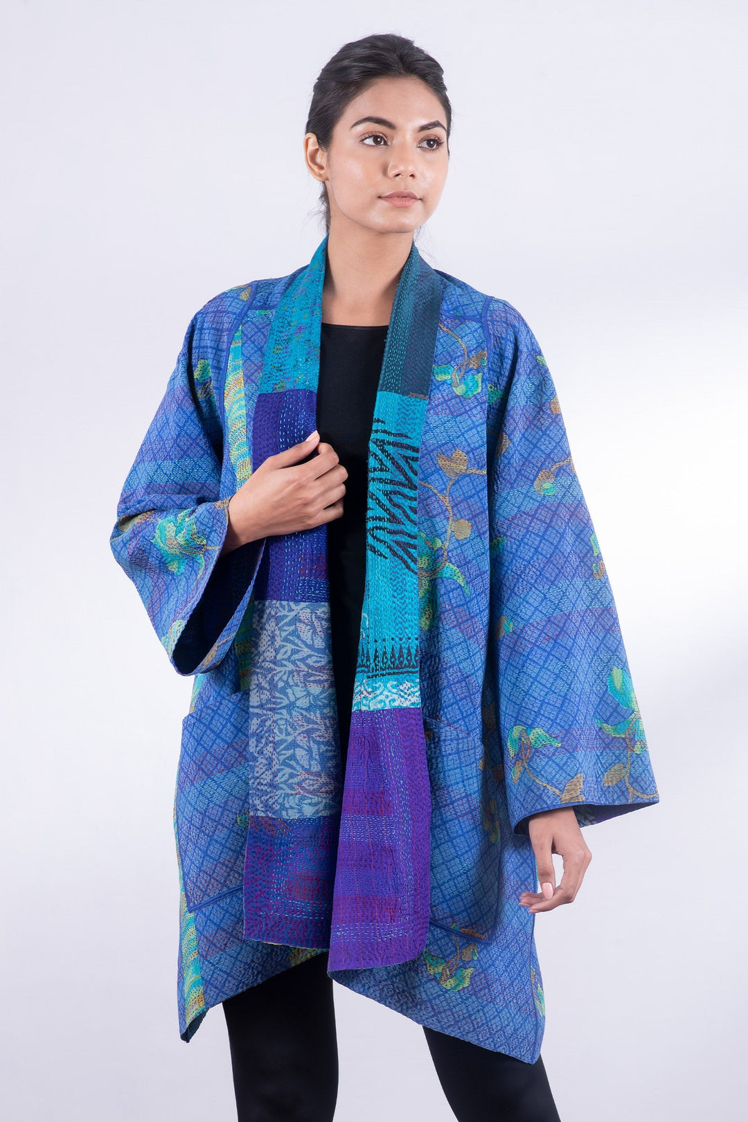 GEORGETTE VINTAGE SILK PATCH KANTHA A-LINE JKT - gs2003-blu -