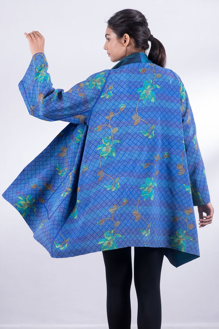 GEORGETTE VINTAGE SILK PATCH KANTHA A-LINE JKT - gs2003-blu -