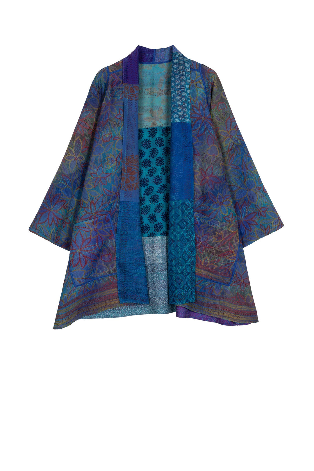 GEORGETTE VINTAGE SILK PATCH KANTHA A-LINE JKT - gs2003-blu -