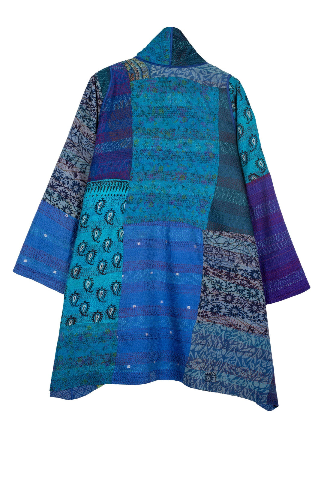 GEORGETTE VINTAGE SILK PATCH KANTHA A-LINE JKT - gs2003-blu -