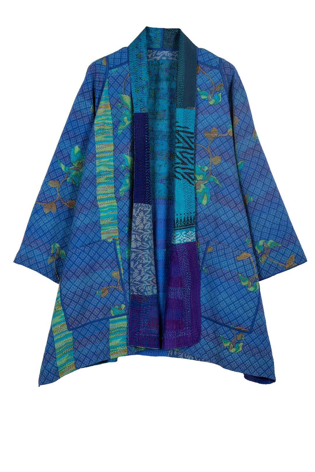 GEORGETTE VINTAGE SILK PATCH KANTHA A-LINE JKT - gs2003-blu -