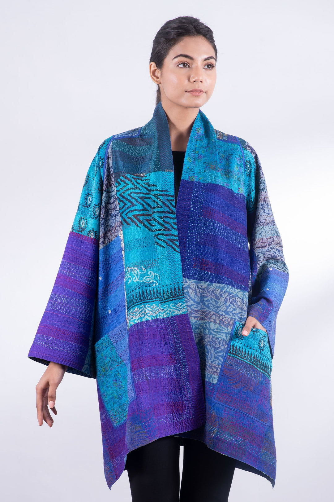 GEORGETTE VINTAGE SILK PATCH KANTHA A-LINE JKT - gs2003-blu -
