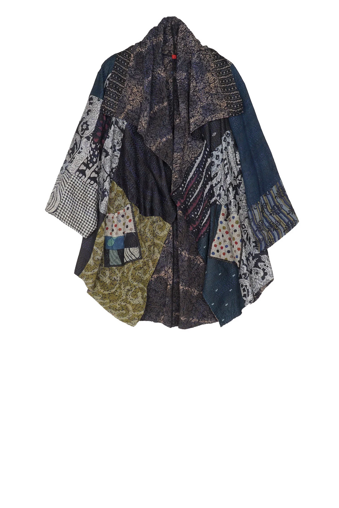 GEORGETTE VINTAGE SILK PATCH KANTHA CIRCULAR LONG JKT - gs2009-blk -