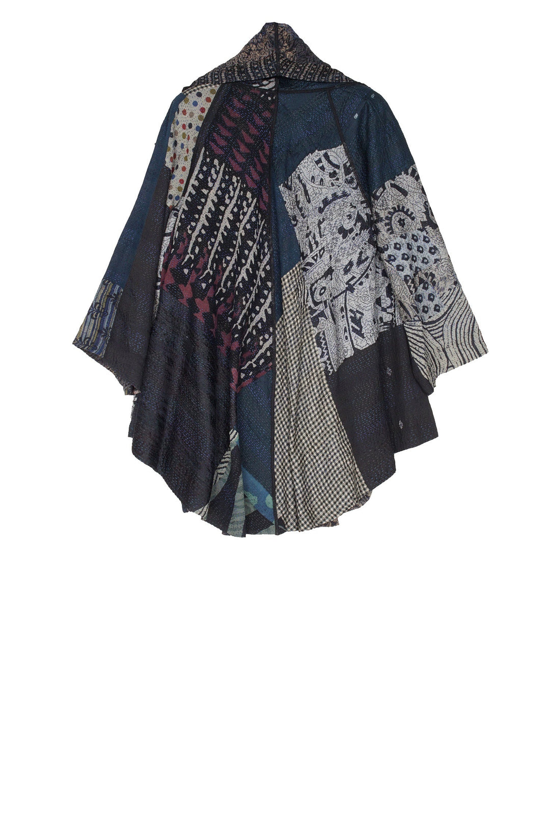 GEORGETTE VINTAGE SILK PATCH KANTHA CIRCULAR LONG JKT - gs2009-blk -