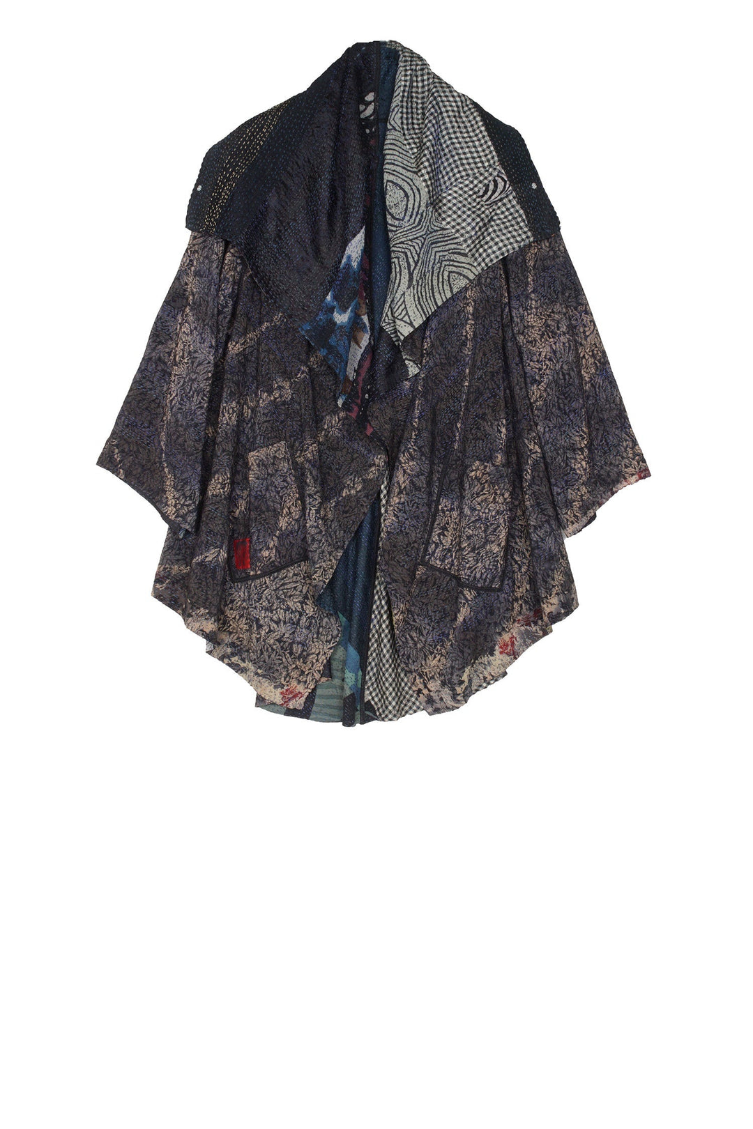 GEORGETTE VINTAGE SILK PATCH KANTHA CIRCULAR LONG JKT - gs2009-blk -