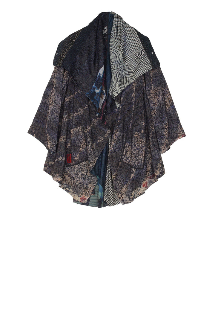 GEORGETTE VINTAGE SILK PATCH KANTHA CIRCULAR LONG JKT - gs2009-blk -