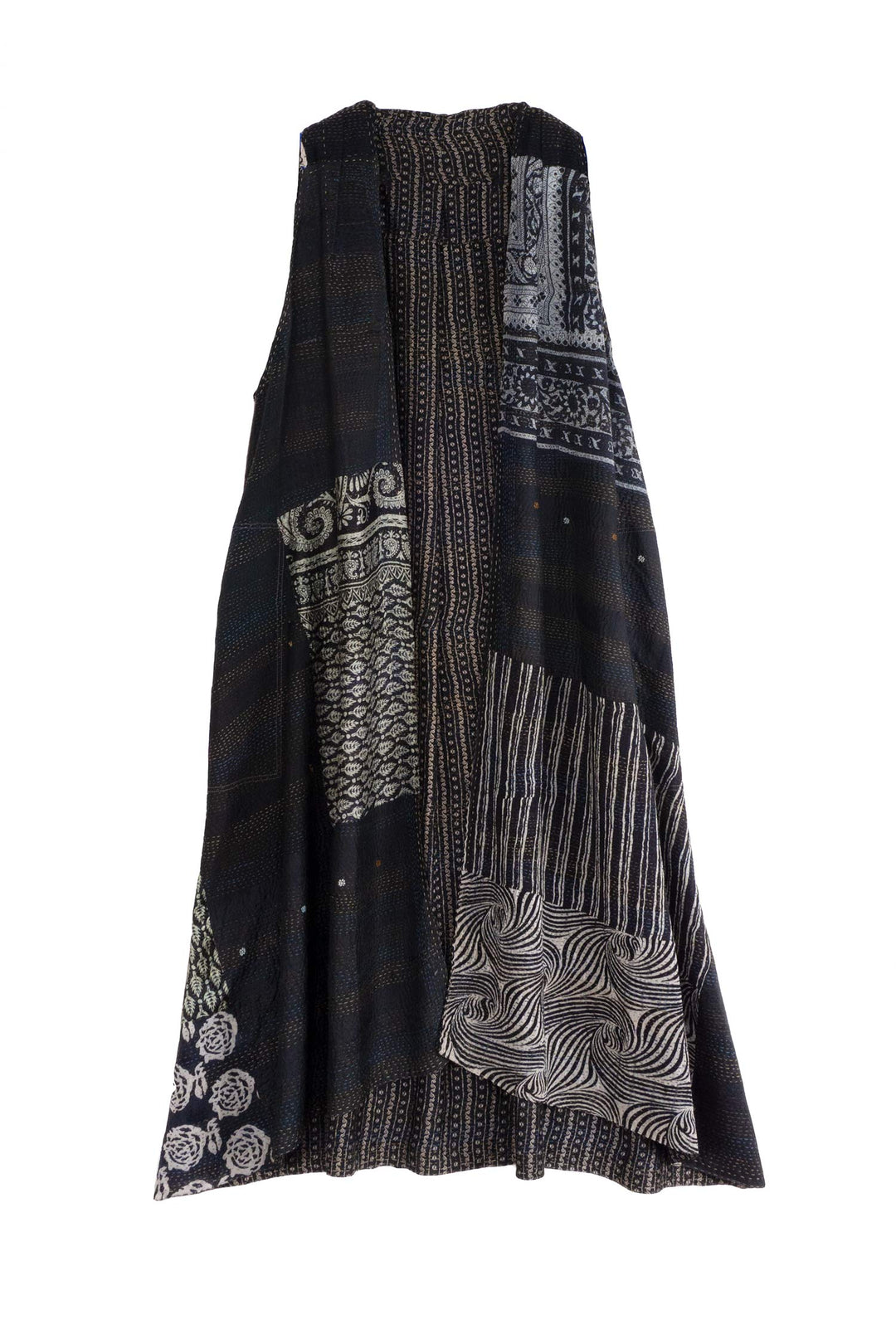 GEORGETTE VINTAGE SILK PATCH KANTHA BACK PLEATED VEST MAXI - gs2222-blk -
