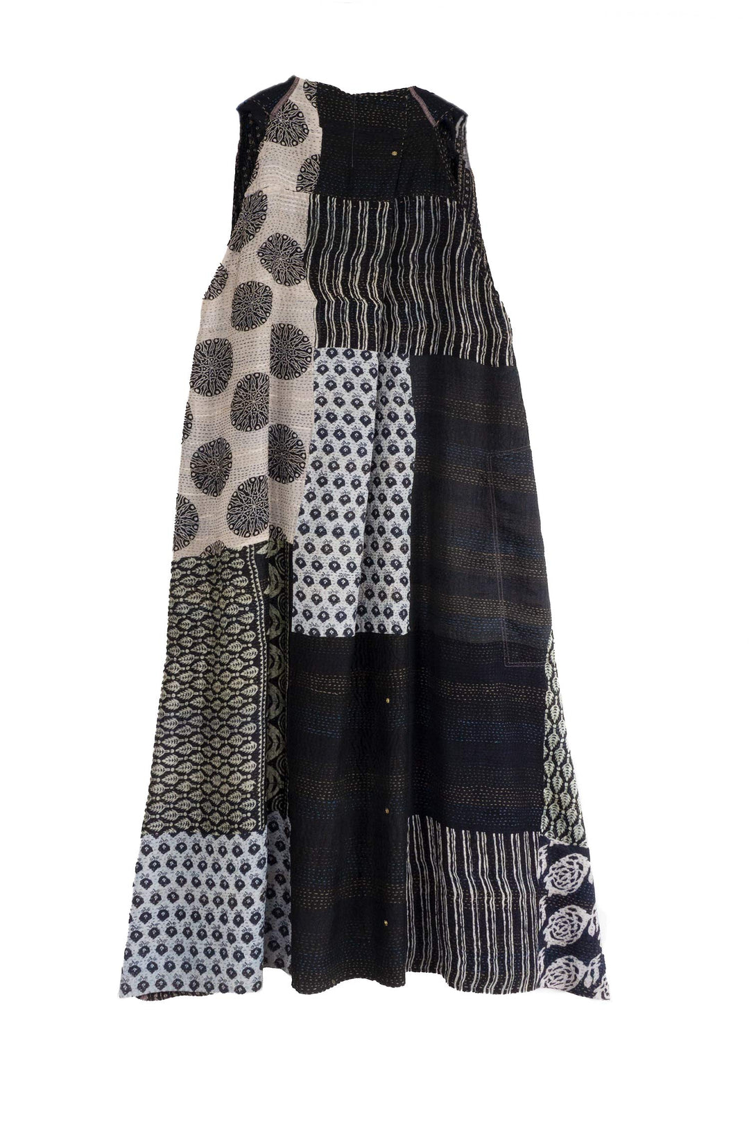 GEORGETTE VINTAGE SILK PATCH KANTHA BACK PLEATED VEST MAXI - gs2222-blk -