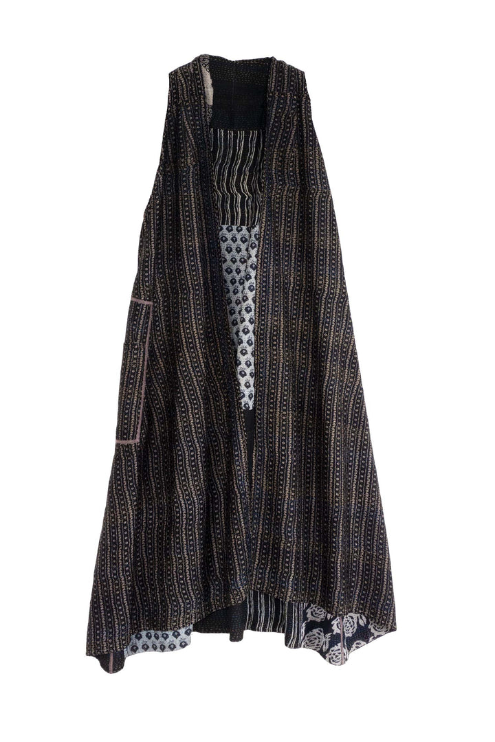 GEORGETTE VINTAGE SILK PATCH KANTHA BACK PLEATED VEST MAXI - gs2222-blk -