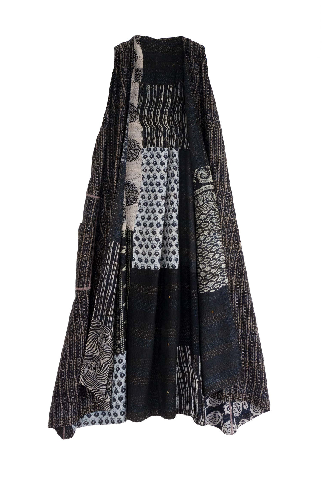 GEORGETTE VINTAGE SILK PATCH KANTHA BACK PLEATED VEST MAXI - gs2222-blk -
