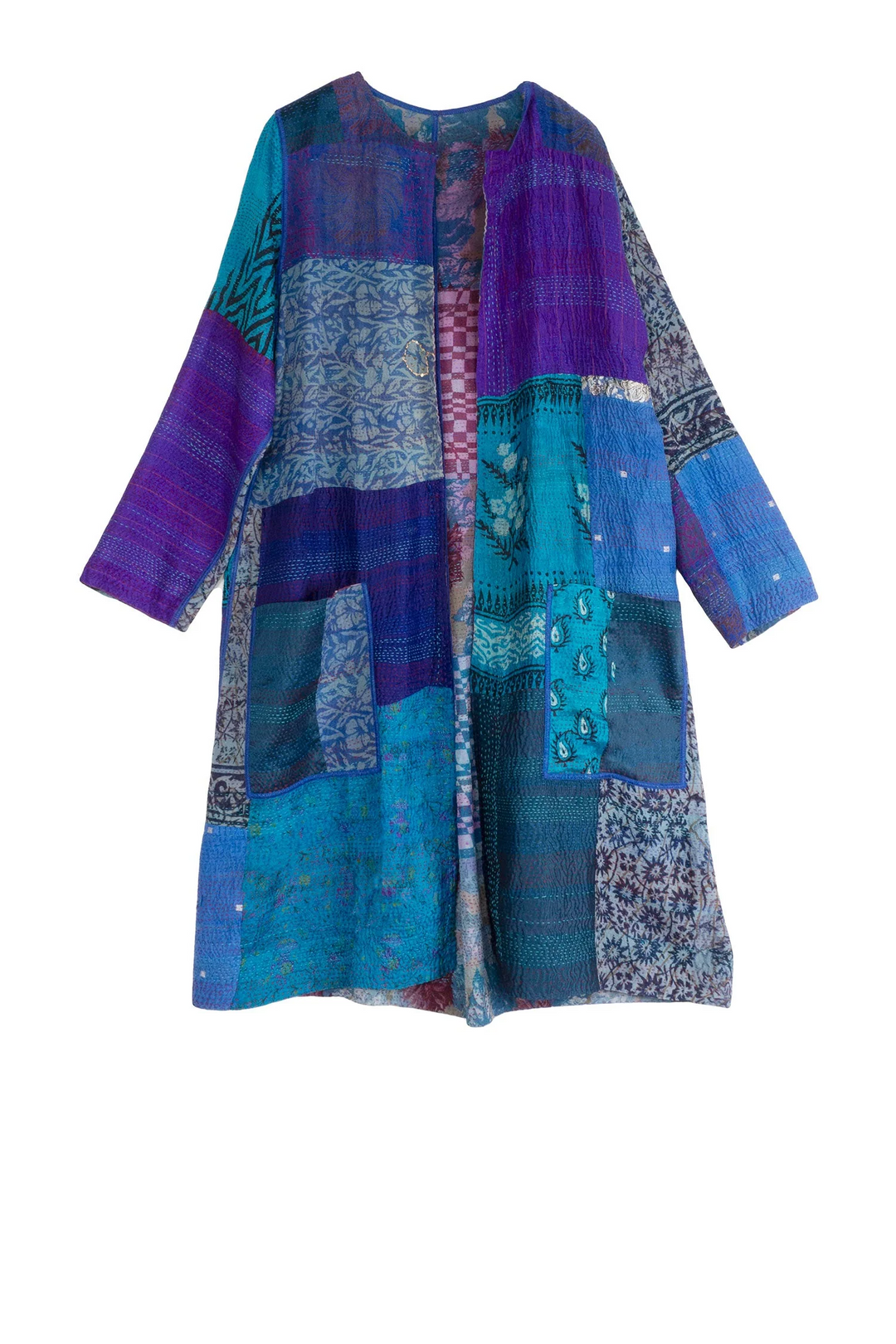 GEORGETTE VINTAGE SILK PATCH KANTHA CREW NECK COAT - gs2313-blu -