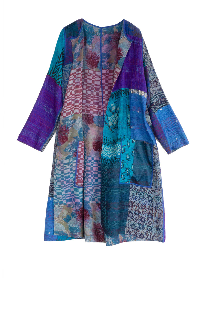 GEORGETTE VINTAGE SILK PATCH KANTHA CREW NECK COAT - gs2313-blu -