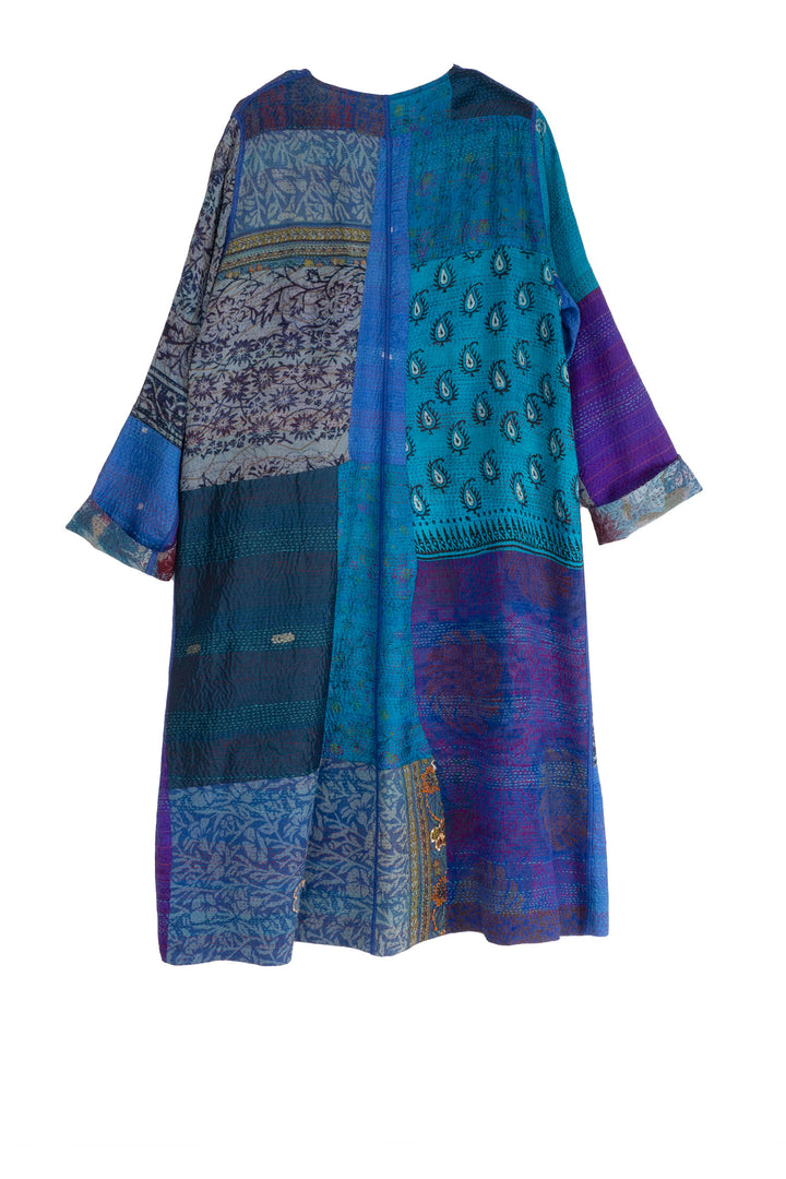 GEORGETTE VINTAGE SILK PATCH KANTHA CREW NECK COAT - gs2313-blu -