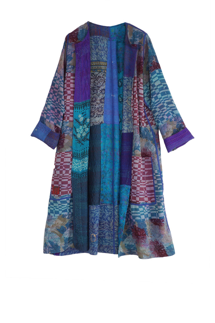 GEORGETTE VINTAGE SILK PATCH KANTHA CREW NECK COAT - gs2313-blu -