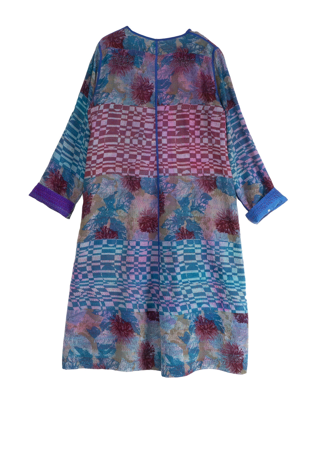 GEORGETTE VINTAGE SILK PATCH KANTHA CREW NECK COAT - gs2313-blu -