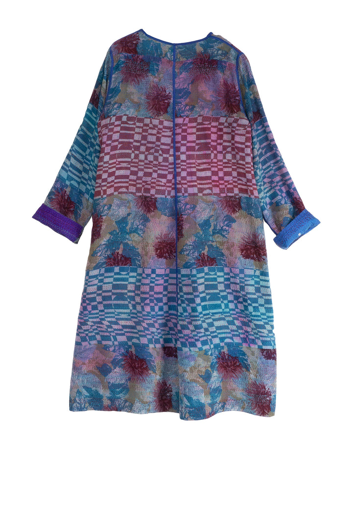 GEORGETTE VINTAGE SILK PATCH KANTHA CREW NECK COAT - gs2313-blu -