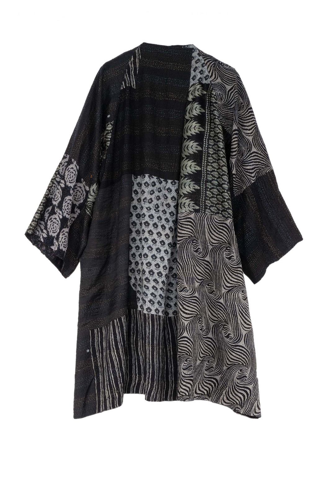 GEORGETTE VINTAGE SILK PATCH KANTHA KIMONO DUSTER - gs2317-blk -