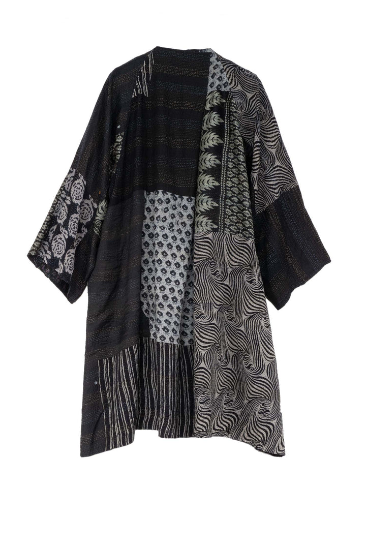 GEORGETTE VINTAGE SILK PATCH KANTHA KIMONO DUSTER - gs2317-blk -