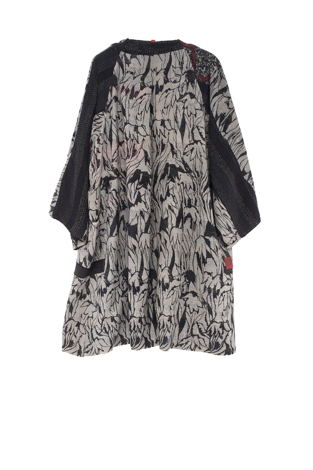 GEORGETTE VINTAGE SILK PATCH KANTHA KIMONO DUSTER - gs2317-blk -