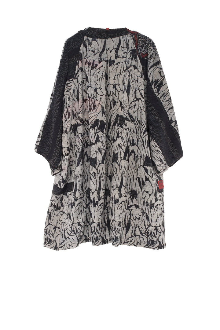 GEORGETTE VINTAGE SILK PATCH KANTHA KIMONO DUSTER - gs2317-blk -