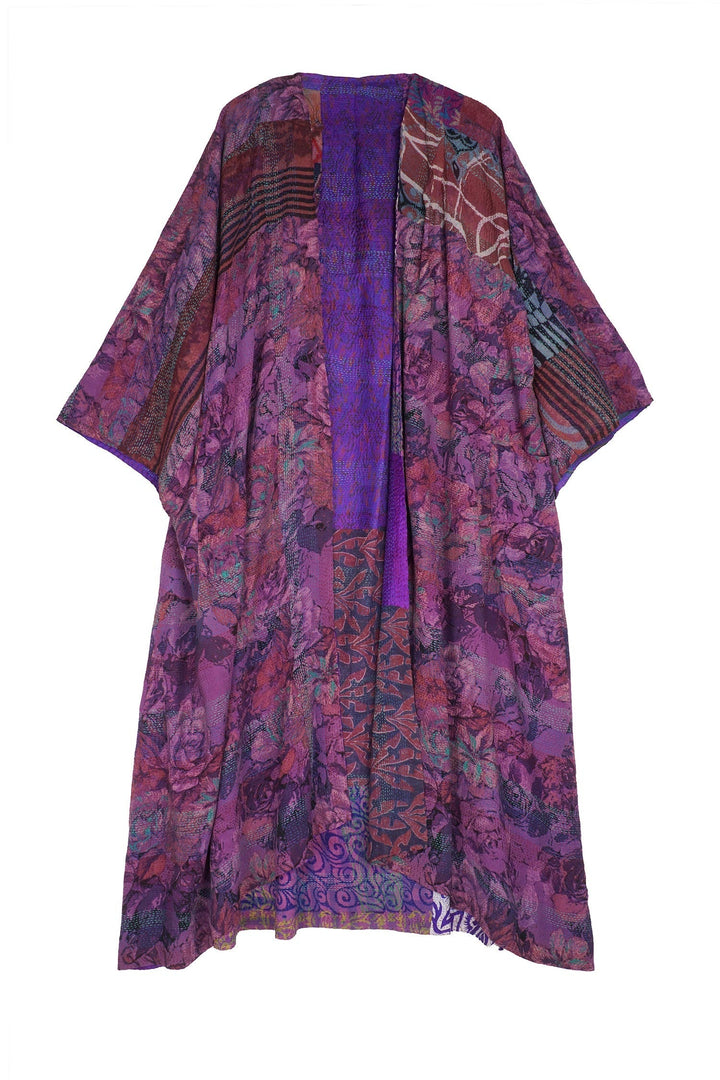 GEORGETTE VINTAGE SILK PATCH KANTHA KIMONO MAXI - gs2318-prp -